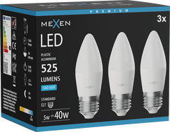 Mexen Nova 3x LED žiarovka E27, C37, 5W, Studená - 6500K, 525 lm - L102-E27-0565-01x03
