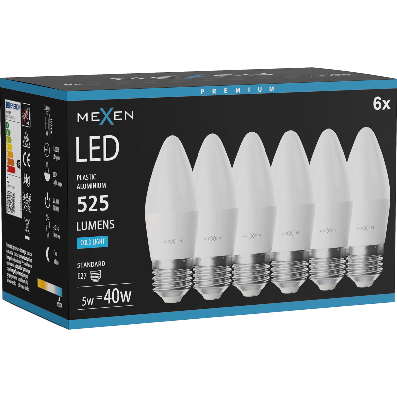 Mexen Nova 6x LED žiarovka E27, C37, 5W, Studená - 6500K, 525 lm - L102-E27-0565-01x06
