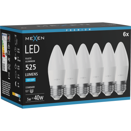 Mexen Nova 6x LED žiarovka E27, C37, 5W, Studená - 6500K, 525 lm - L102-E27-0565-01x06