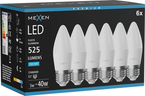 Mexen Nova 6x LED žiarovka E27, C37, 5W, Studená - 6500K, 525 lm - L102-E27-0565-01x06