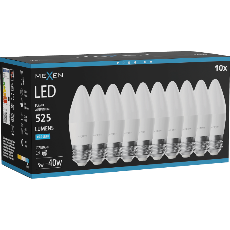 Mexen Nova 10x LED žiarovka E27, C37, 5W, Studená - 6500K, 525 lm - L102-E27-0565-01x10