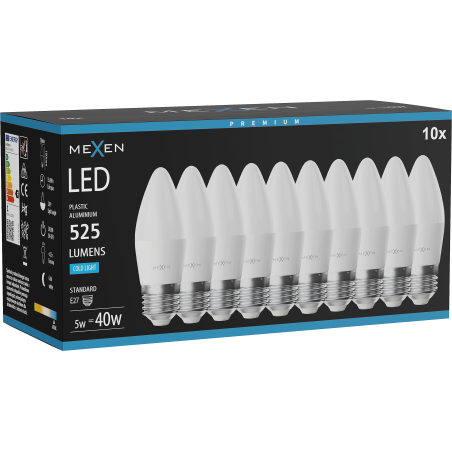 Mexen Nova 10x LED žiarovka E27, C37, 5W, Studená - 6500K, 525 lm - L102-E27-0565-01x10