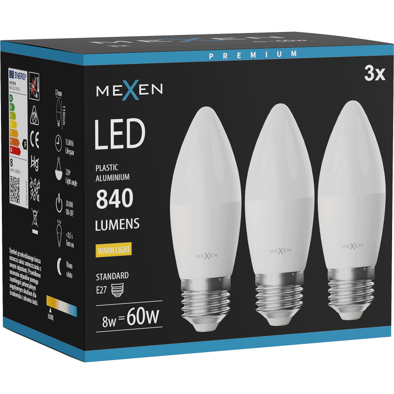 Mexen Nova 3x Žiarovka LED E27, C37, 8W, Teplá - 3000K, 840 lm - L102-E27-0830-01x03
