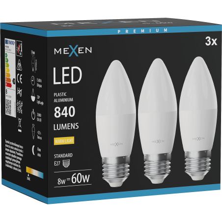 Mexen Nova 3x Žiarovka LED E27, C37, 8W, Teplá - 3000K, 840 lm - L102-E27-0830-01x03