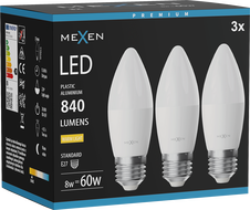 Mexen Nova 3x Žiarovka LED E27, C37, 8W, Teplá - 3000K, 840 lm - L102-E27-0830-01x03
