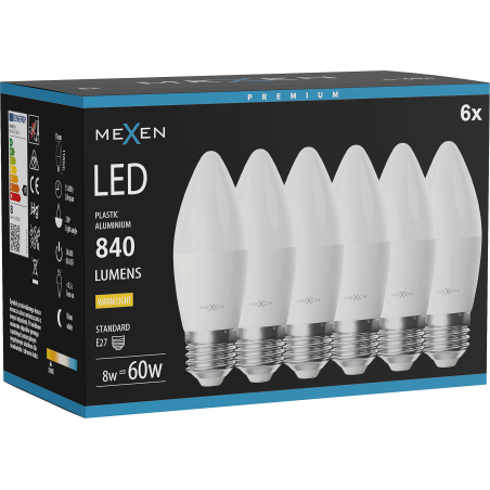 Mexen Nova 6x LED žiarovka E27, C37, 8W, Teplá - 3000K, 840 lm - L102-E27-0830-01x06