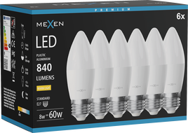 Mexen Nova 6x LED žiarovka E27, C37, 8W, Teplá - 3000K, 840 lm - L102-E27-0830-01x06