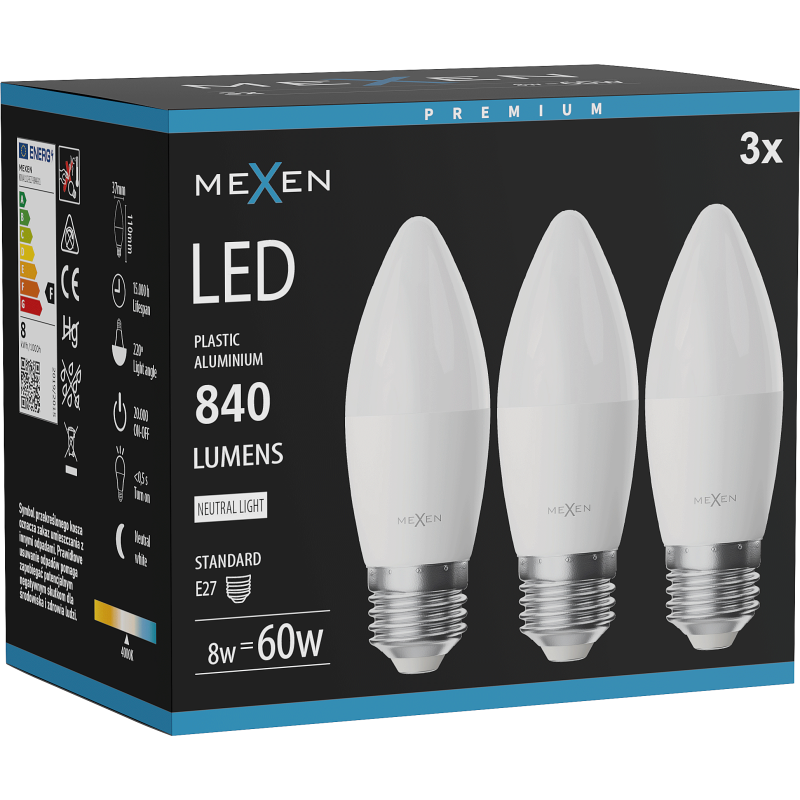 Mexen Nova 3x LED žiarovka E27, C37, 8W, Neutrálna - 4000K, 840 lm - L102-E27-0840-01x03