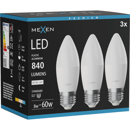 Mexen Nova 3x LED žiarovka E27, C37, 8W, Neutrálna - 4000K, 840 lm - L102-E27-0840-01x03