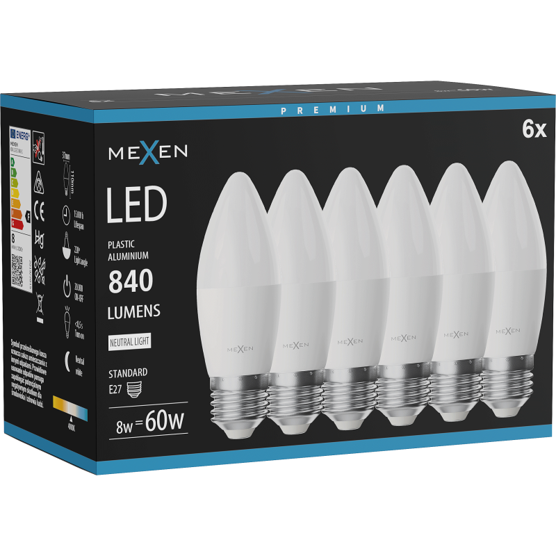 Mexen Nova 6x Žiarovka LED E27, C37, 8W, Neutrálna - 4000K, 840 lm - L102-E27-0840-01x06