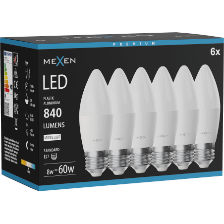 Mexen Nova 6x Žiarovka LED E27, C37, 8W, Neutrálna - 4000K, 840 lm - L102-E27-0840-01x06