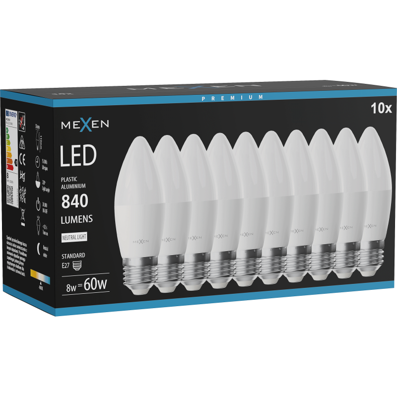 Mexen Nova 10x LED žiarovka E27, C37, 8W, Neutrálna - 4000K, 840 lm - L102-E27-0840-01x10