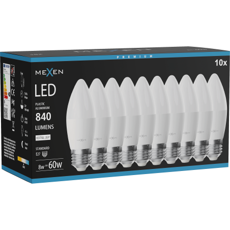 Mexen Nova 10x LED žiarovka E27, C37, 8W, Neutrálna - 4000K, 840 lm - L102-E27-0840-01x10