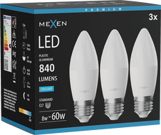Mexen Nova 3x Žiarovka LED E27, C37, 8W, Studená - 6500K, 840 lm - L102-E27-0865-01x03