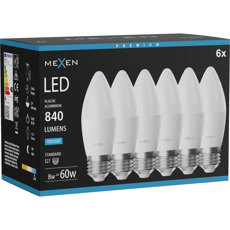 Mexen Nova 6x LED žiarovka E27, C37, 8W, Studená - 6500K, 840 lm - L102-E27-0865-01x06