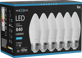 Mexen Nova 6x LED žiarovka E27, C37, 8W, Studená - 6500K, 840 lm - L102-E27-0865-01x06