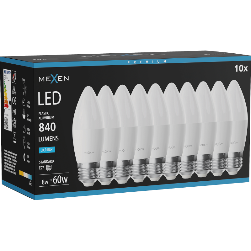 Mexen Nova 10x LED žiarovka E27, C37, 8W, Studená - 6500K, 840 lm - L102-E27-0865-01x10