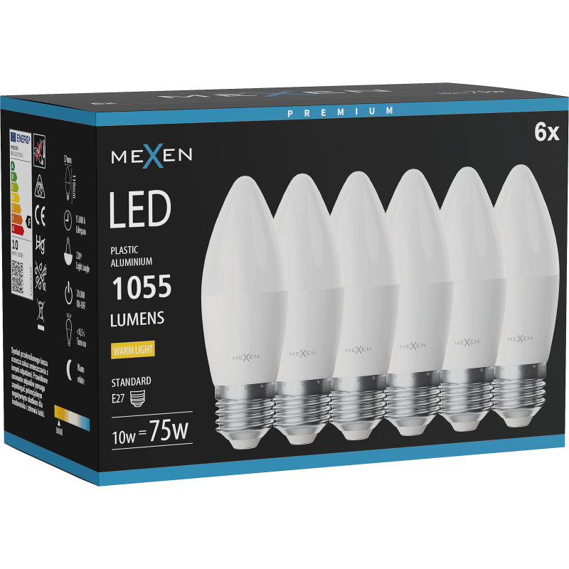 Mexen Nova 6x Žiarovka LED E27, C37, 10W, Teplá - 3000K, 1055 lm - L102-E27-1030-01x06