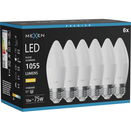 Mexen Nova 6x Žiarovka LED E27, C37, 10W, Teplá - 3000K, 1055 lm - L102-E27-1030-01x06