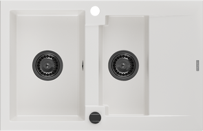 Mexen Gaspar žulový drez 1,5-komorový s odkvapkávačom 737 x 475 mm, biely, čierny sifón - 6507731505-20-B