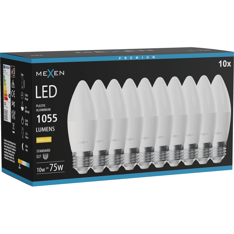 Mexen Nova 10x LED žiarovka E27, C37, 10W, Teplá - 3000K, 1055 lm - L102-E27-1030-01x10
