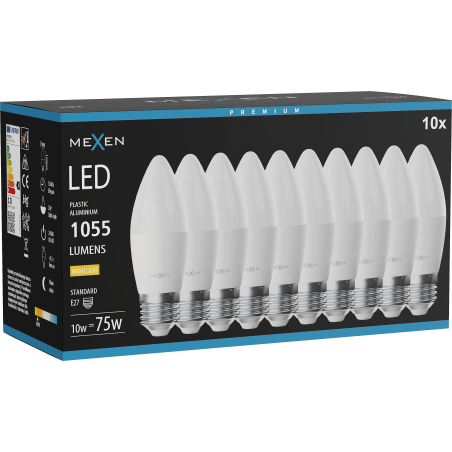 Mexen Nova 10x LED žiarovka E27, C37, 10W, Teplá - 3000K, 1055 lm - L102-E27-1030-01x10