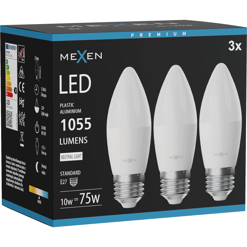 Mexen Nova 3x LED žiarovka E27, C37, 10W, Neutrálna - 4000K, 1055 lm - L102-E27-1040-01x03