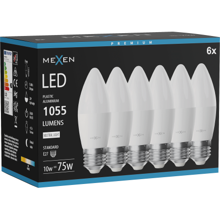 Mexen Nova 6x LED žiarovka E27, C37, 10W, Neutrálna - 4000K, 1055 lm - L102-E27-1040-01x06