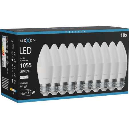 Mexen Nova 10x LED žiarovka E27, C37, 10W, Neutrálna - 4000K, 1055 lm - L102-E27-1040-01x10