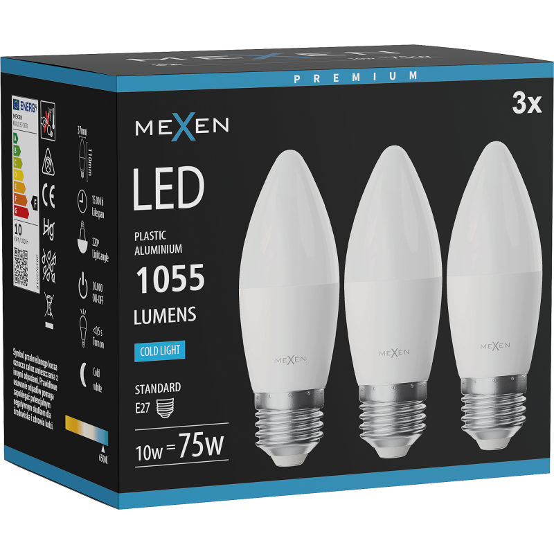 Mexen Nova 3x LED žiarovka E27, C37, 10W, Studená - 6500K, 1055 lm - L102-E27-1065-01x03