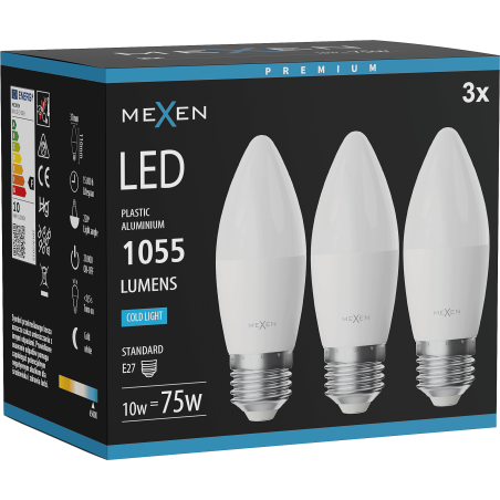 Mexen Nova 3x LED žiarovka E27, C37, 10W, Studená - 6500K, 1055 lm - L102-E27-1065-01x03