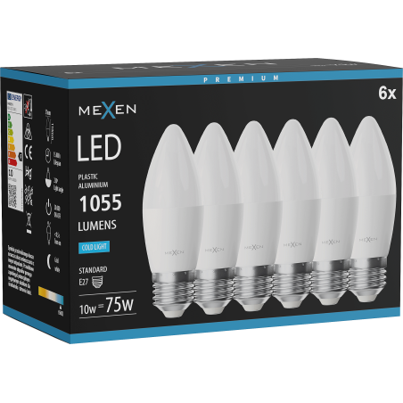 Mexen Nova 6x LED žiarovka E27, C37, 10W, Studená - 6500K, 1055 lm - L102-E27-1065-01x06