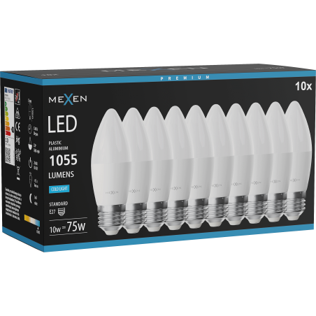 Mexen Nova 10x LED žiarovka E27, C37, 10W, Studená - 6500K, 1055 lm - L102-E27-1065-01x10