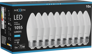 Mexen Nova 10x LED žiarovka E27, C37, 10W, Studená - 6500K, 1055 lm - L102-E27-1065-01x10
