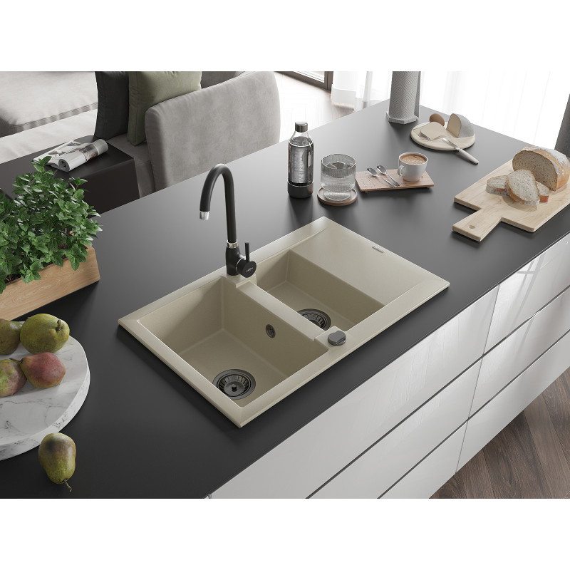 Mexen Gaspar granitový drez 1,5-komorový s odkvapkávacou plochou 737 x 475 mm, béžový, čierny sifón - 6507731505-69-B