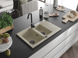 Mexen Gaspar granitový 1,5-komorový drez s odkvapkávačom 737 x 475 mm, Béžová, Sifón Čierna - 6507731505-69-B