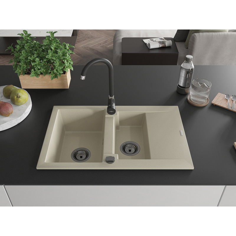 Mexen Gaspar granitový drez 1,5-komorový s odkvapkávacou plochou 737 x 475 mm, béžový, čierny sifón - 6507731505-69-B