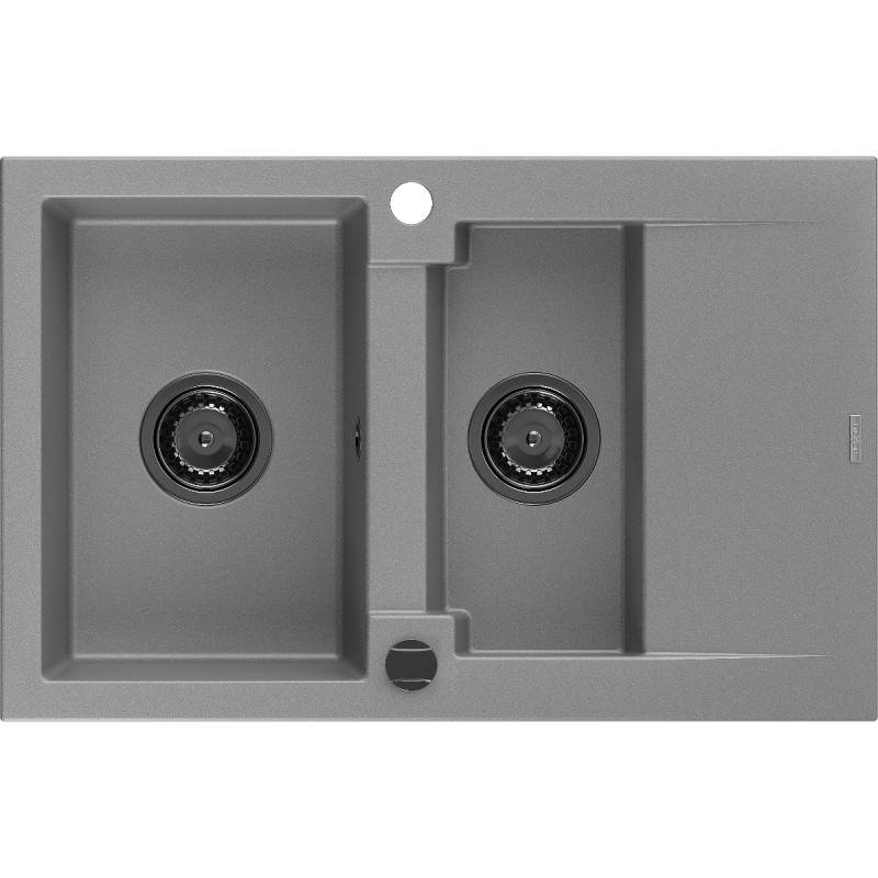 Mexen Gaspar granitový drez 1,5-komorový s odkvapkávačom 737 x 475 mm, sivý, čierny sifón - 6507731505-71-B