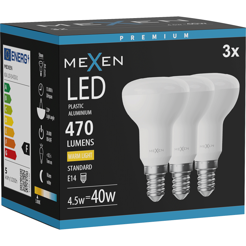 Mexen Nova 3x LED žiarovka E14, R50, 4,5W, Teplá - 3000K, 470 lm - L103-E14-0530-01x03
