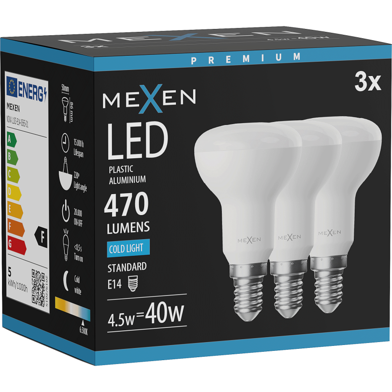 Mexen Nova 3x LED žiarovka E14, R50, 4,5W, Studená - 6500K, 470 lm - L103-E14-0565-01x03