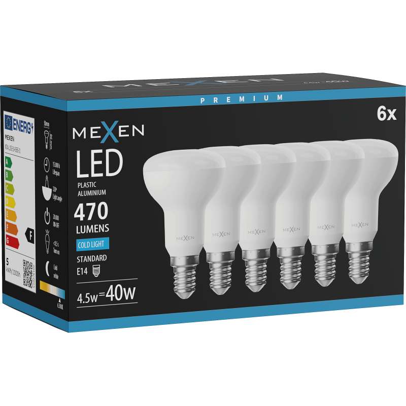 Mexen Nova 6x LED žiarovka E14, R50, 4,5W, Studená - 6500K, 470 lm - L103-E14-0565-01x06