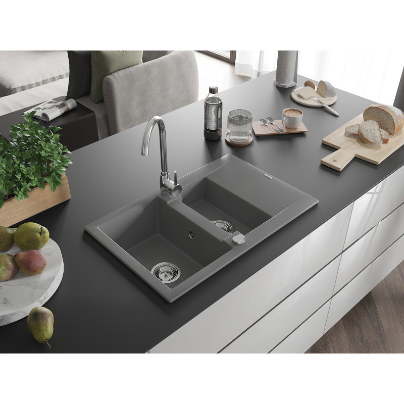 Mexen Gaspar granitový drez 1,5-komorový s odkvapkávacou plochou 737 x 475 mm, šedý, sifón chróm - 6507731505-71