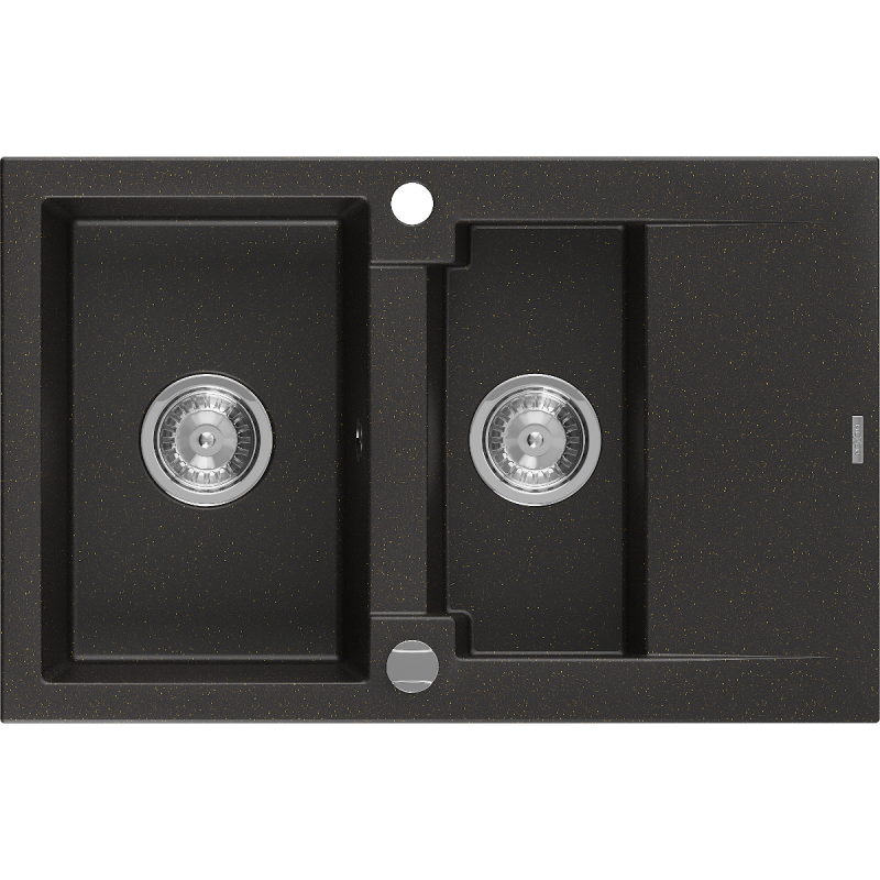 Mexen Gaspar granitový drez 1,5-komorový s odkvapkávačom 737 x 475 mm, čierny/zlatý metalický, sifón chróm