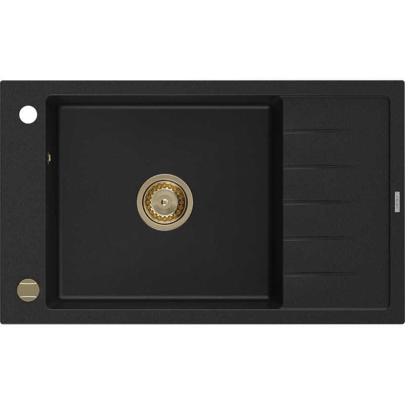Mexen Elias granitový drez s 1 komorou s odkvapkávačom 795 x 480 mm, čierny, zlatý sifón - 6511791005-77-G