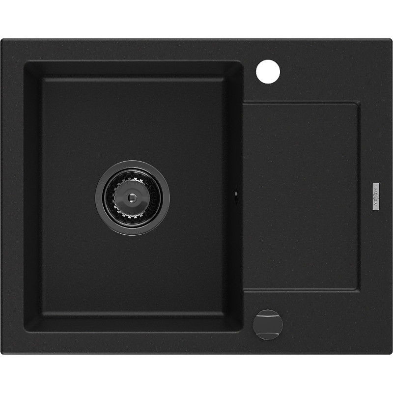 Mexen Enzo žulový drez s 1 komorou a odkvapkávačom 576 x 465 mm, čierny, čierny sifón - 6506571005-77-B