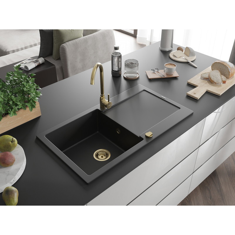 Mexen Leo granitový drez s jednou komorou a odkvapkávacou plochou 900 x 500 mm, čierny, sifón zlatý - 6501901010-77-G