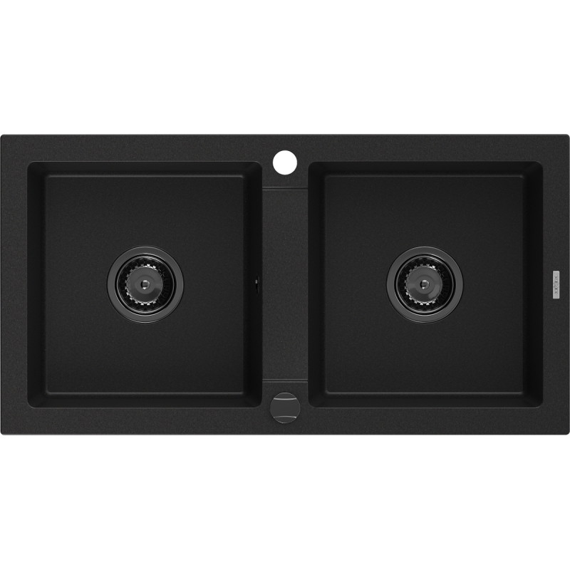 Mexen Mario granitový drez 2-komorový 820 x 436 mm, čierny, čierny sifón - 6504822000-77-B