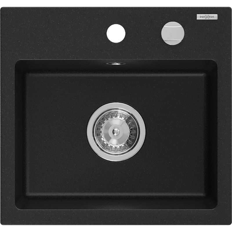 Mexen Milo žulový drez 1-komorový 435 x 410 mm, čierny, sifón chróm - 6505441000-77