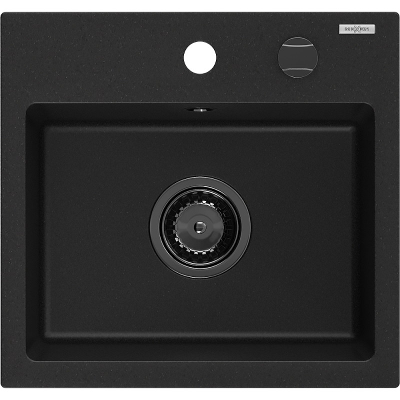 Mexen Milo granitový drez s 1 komorou 435 x 410 mm, čierny, čierny sifón - 6505441000-77-B