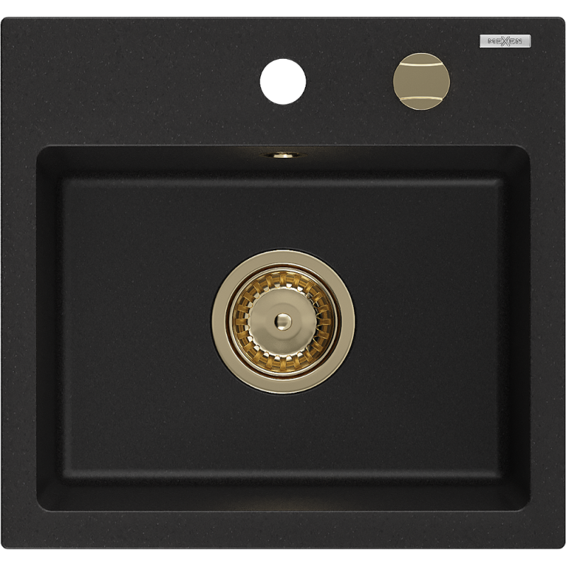 Mexen Milo granitový drez 1-komorový 435 x 410 mm, čierny, sifón zlatý - 6505441000-77-G